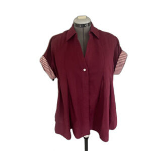 Gigio Burgundy Pleated A-Line Blouse with Striped Cuffs & Hem – Size M